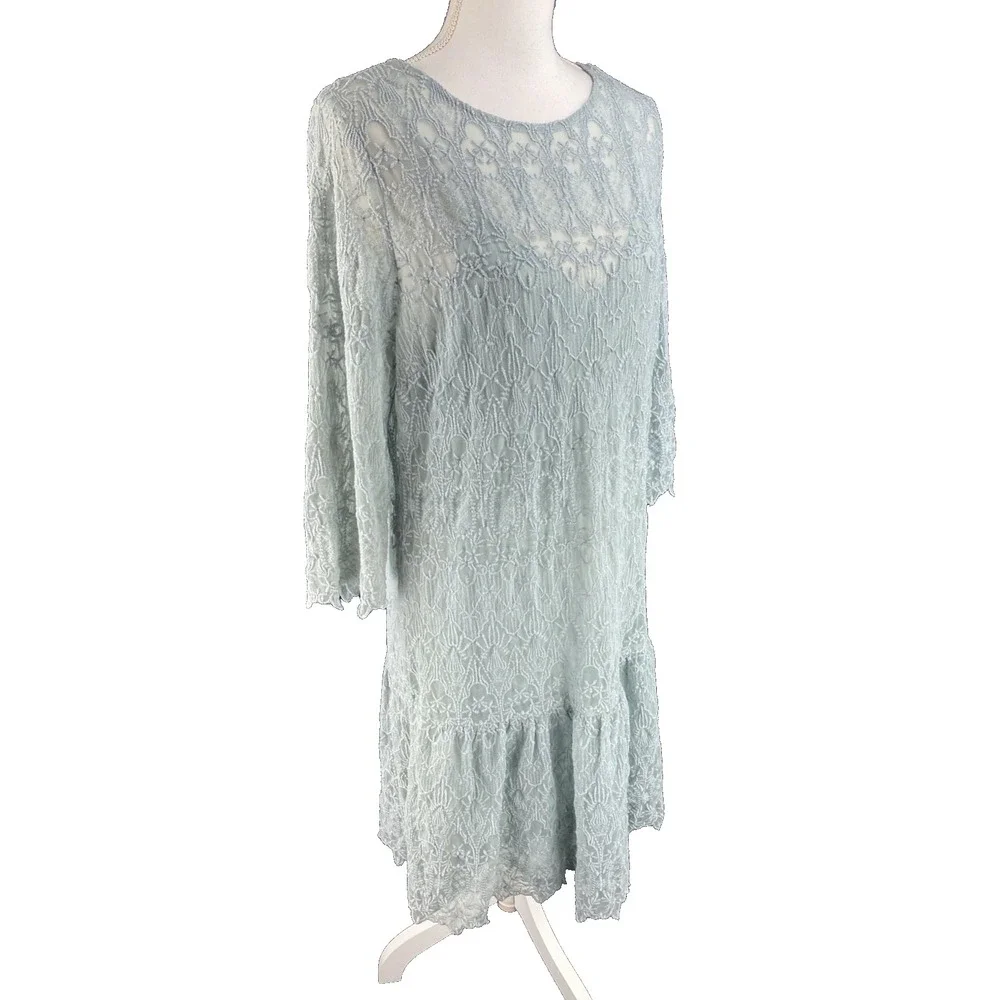 Sundance Windflower Whisper Overlay Embroidered Lace Silver Sage Dress‎ M